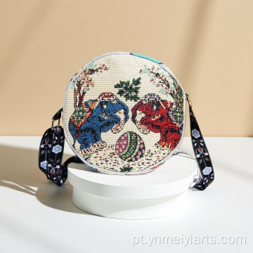Bolsa crossbody redonda estampada em jacquard tingido com fio estilo étnico